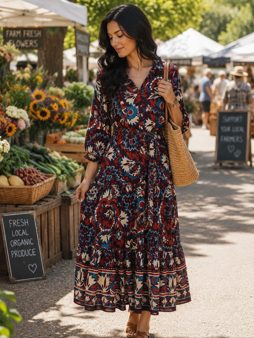 248. Figueroa & Flower Boho Floral Button Front Maxi Tiered Belted Dress